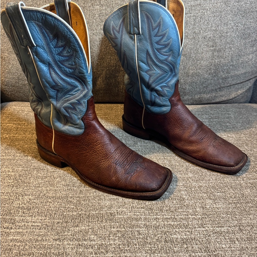 Tony Lama 7955 Men’s Western Brown and Blue Square Toe Boots Size 9.5 - Picture 1 of 9